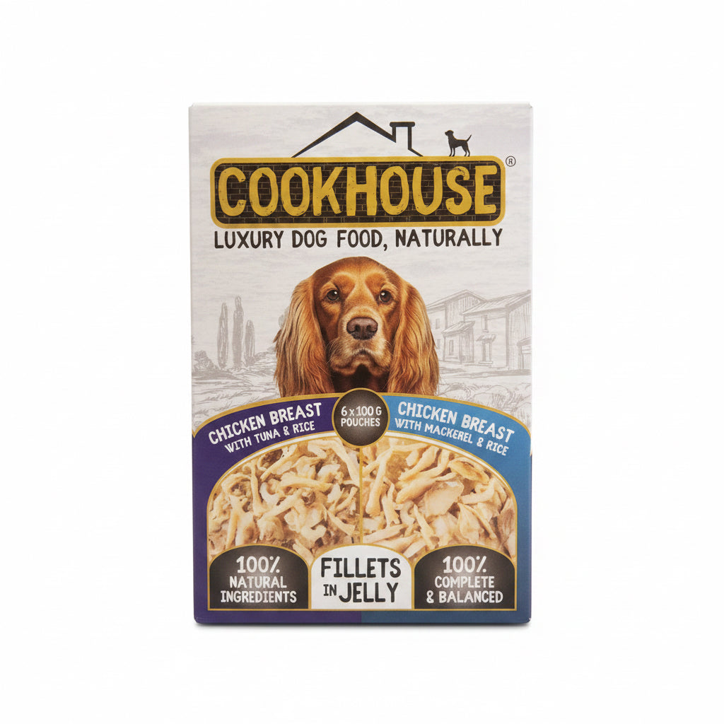 Cook House Luxury Dog Food. Chicken Breast with Tuna & Rice and Chicken Breast with Mackerel & Rice 100g x6 pouches