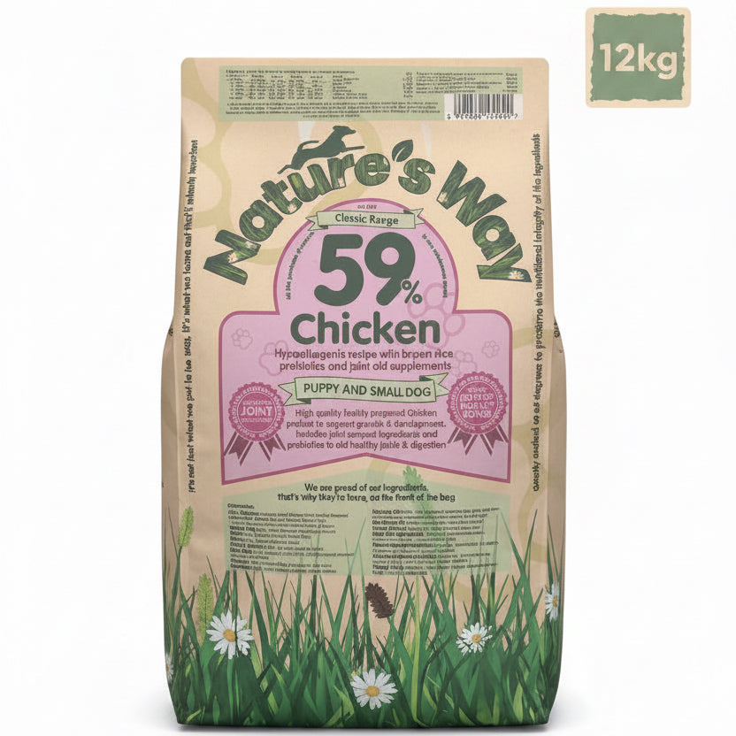 Naturesway Puppy and small dog recipe
with 59% Chicken 12kg