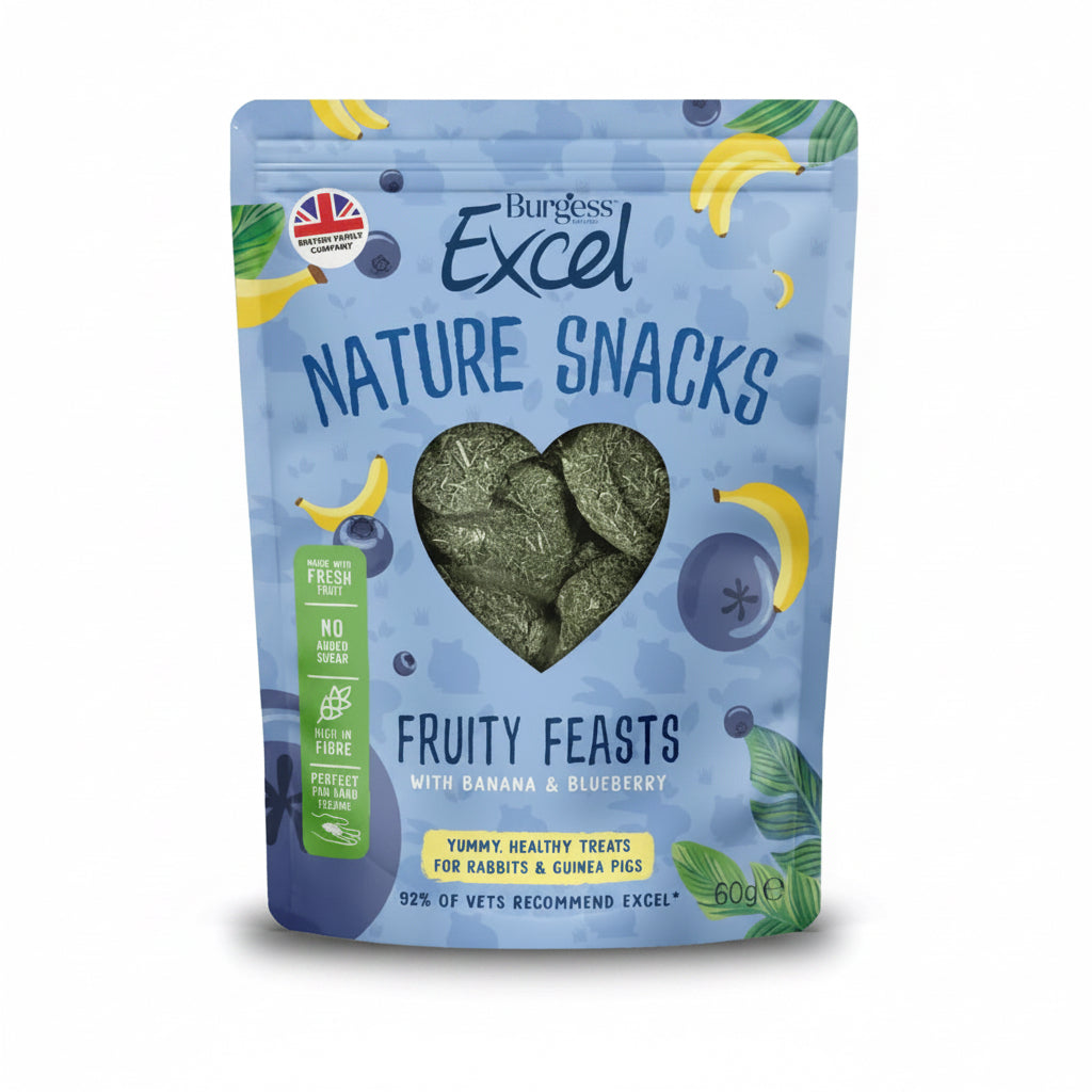 Excel nature snacks fruity feasts with banana and blueberry 60g for rabbits and guinea pigs.